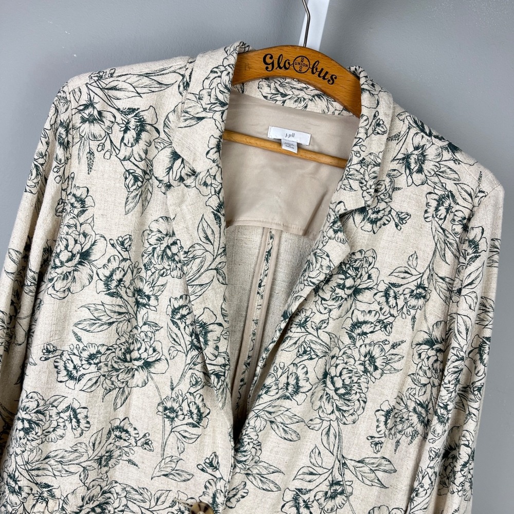 J. Jill Linen Blend Blazer Jacket Womens M Cream Green Floral Toile Cottagecore